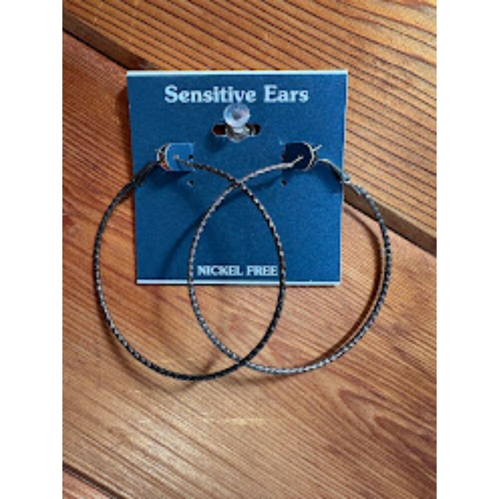Gun-Metal Hoop Earrings New  2.1/4"